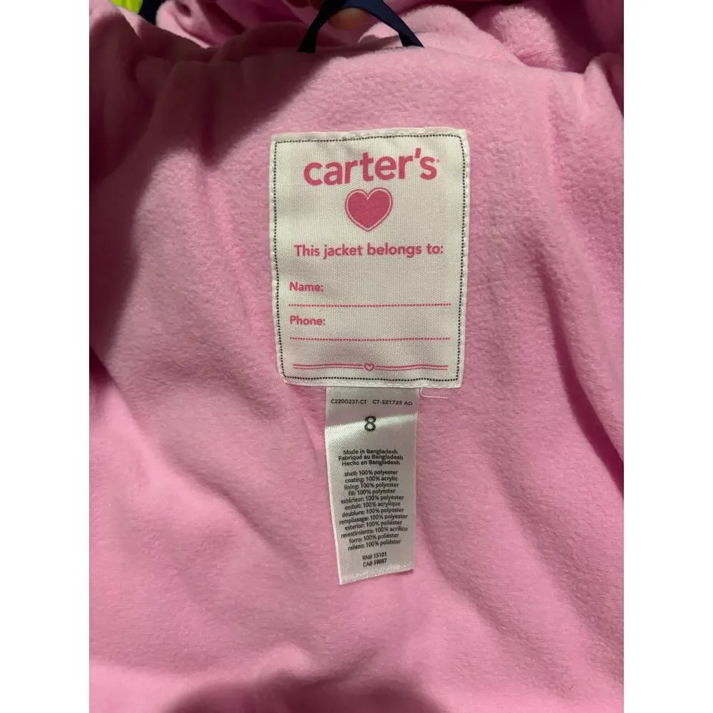 Carters 8 navy blue hooded pink fleece lined puffer jacket pockets nwot